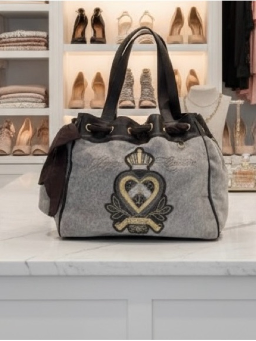 Vintage Juicy Couture Gray and Brown Heart Crest Shoulder Satchel